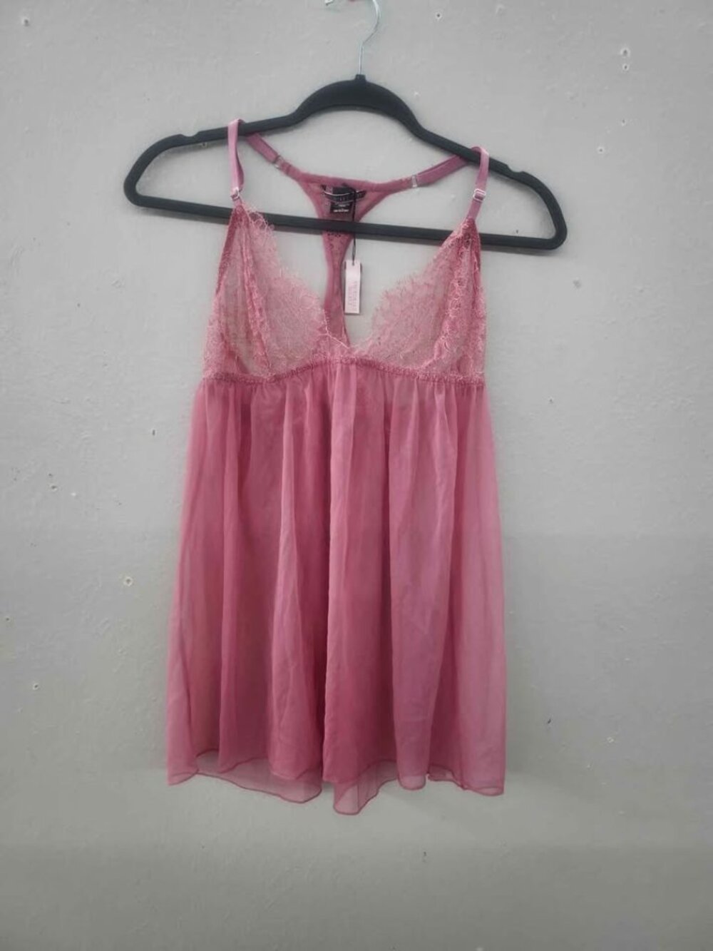 NWT Victoria's Secret Sheer Pleated Lace Trim Babydoll Nightie Top Dusty Rose La